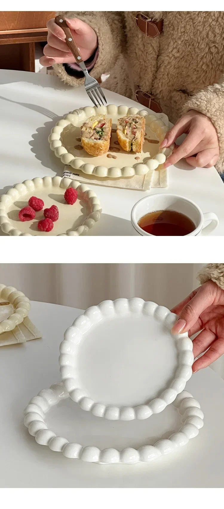 Ins Style Beaded Dessert Plate French Western Food Plate Ceramic Breakfast Plate Ornaments Poses Ceramic Dishes