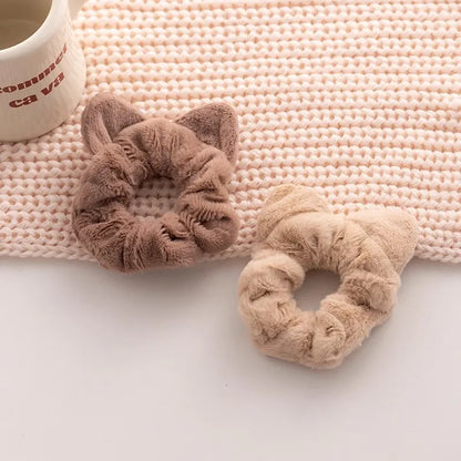 Korean Plush Cat Ear Scrunchies - High Elastic Hair Ties - BeeTrendyShop.COM