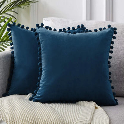 Soft Velvet Decorative Cushion Cover with Pom-Pom Ball – Sofa & Bedroom Pillowcase Blue Pink