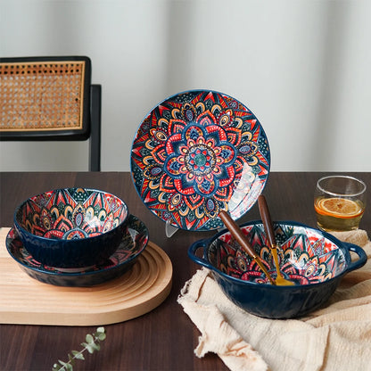Bohemian Ceramic Tableware Set – Unique Floral Pattern Serving Plate for Home, Camping & Restaurant