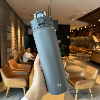 Thermal Water Bottle with Straw 600/750ML – Stainless Steel Hot & Cold Mug