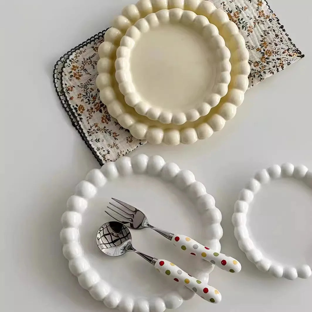 Ins Style Beaded Dessert Plate French Western Food Plate Ceramic Breakfast Plate Ornaments Poses Ceramic Dishes