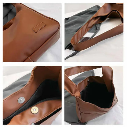 Collage of a brown leather bag with close-up details on a white background