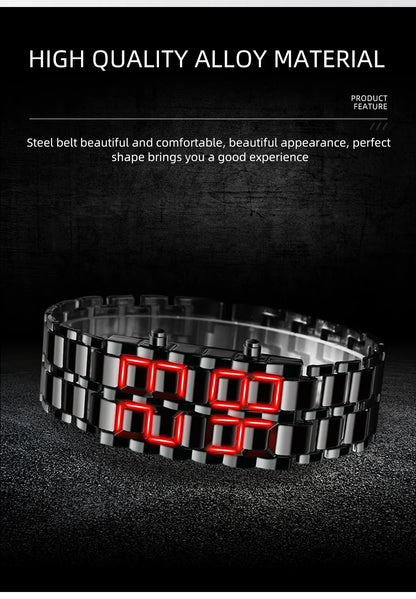 Fashion Mens Digital Lava Wrist Watch Men Black Full Metal Red Blue LED Display Watches Gifts for Male Boy Sport Creative Clock - BeeTrendyShop.COM