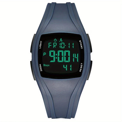 Digital watch with blue strap and green display on a white background