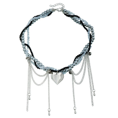 Y2K Heart Pendant Multilayer Choker Necklace – Glass & Zinc Alloy Women’s Jewelry