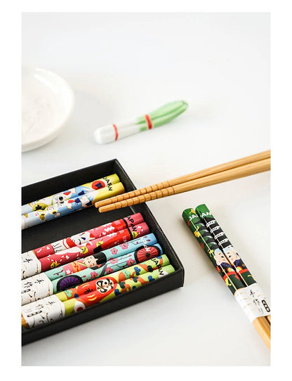 5-Pair Cute Multi-Color Bamboo Chopsticks Set – Non-Slip Household Wooden Tableware