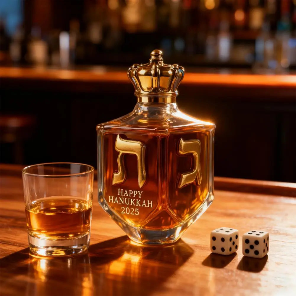 Hanukkah Whiskey Decanter Set – Gold Glass Bottle with Engraved Dreidel
