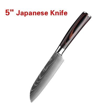 Laser Damascus Kitchen Knife Set – Cleaver, Santoku, Bread, Boning & Kitchen Scissors