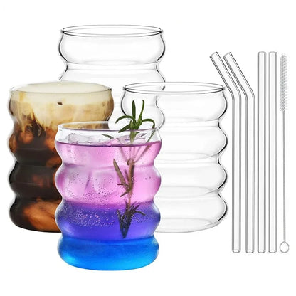 Ribbed Glassware Cups with Straws Set – Cocktail Fruit Coffee Mug Clear Glass