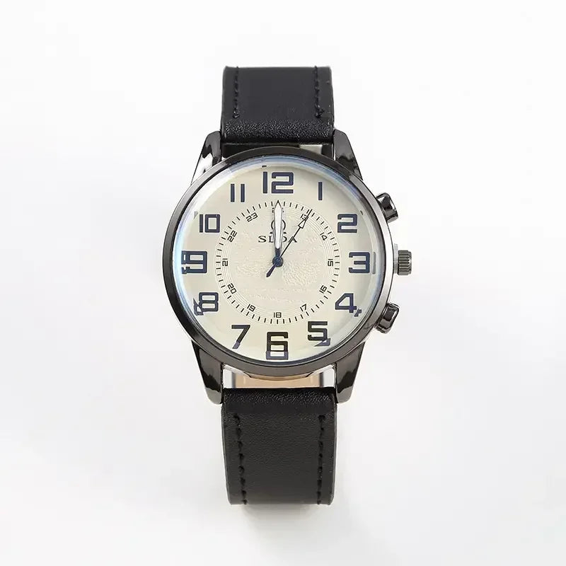 Black wristwatch with a white face on a white background