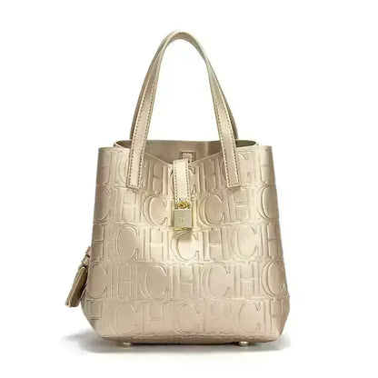 Beige handbag with brand logo on a white background