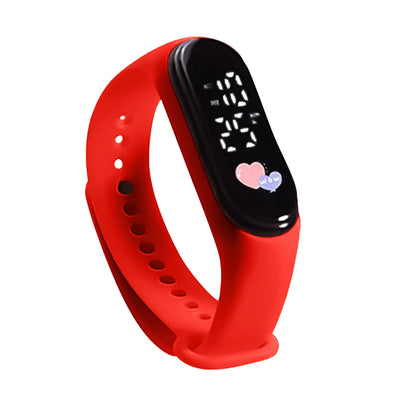Red smartwatch with a black display on a white background