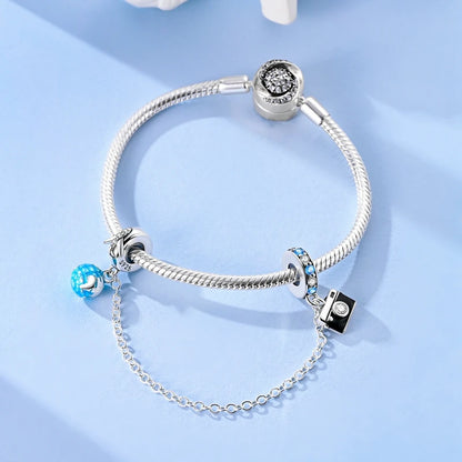 925 Sterling Silver Safety Chain Travel Charm Beads – Aircraft, Earth & Camera