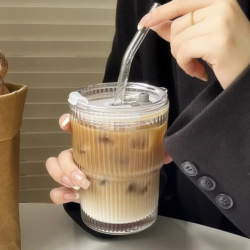 600ML Stripe Glass Cup with Lid & Straw – Transparent Juice Iced Coffee Mug