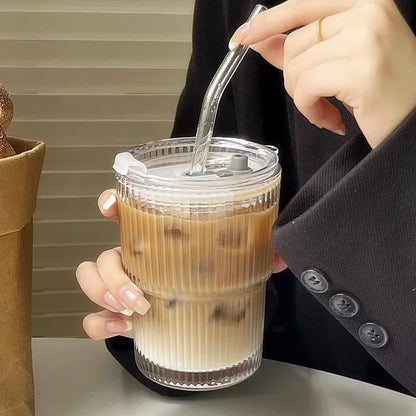 600ML Stripe Glass Cup with Lid & Straw – Transparent Juice Iced Coffee Mug
