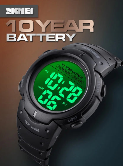 Men's Outdoor Digital Watch – 100M Waterproof, LED, 10-Year Battery, Alarm & Date Display