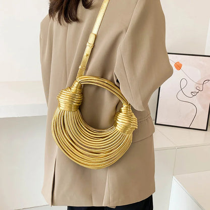 Handbags for Women 2025 New Gold Luxury Designer Brand Handwoven Noodle Bags Rope Knotted Pulled Hobo Silver Evening Clutch Chic - BeeTrendyShop.COM