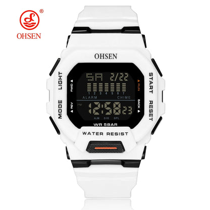 Digital watch with white strap and black display on a white background, featuring the Ohsen brand.