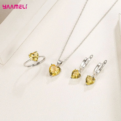 Heart Zircon Jewelry Set – Huggie Earrings, Pendant Necklace & Ring for Women
