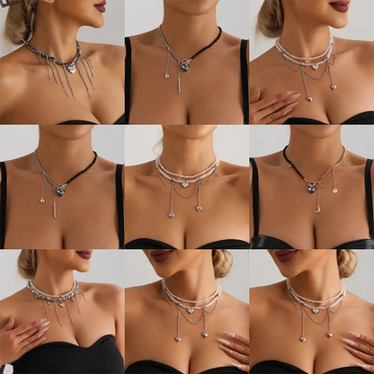 Y2K Heart Pendant Multilayer Choker Necklace – Glass & Zinc Alloy Women’s Jewelry