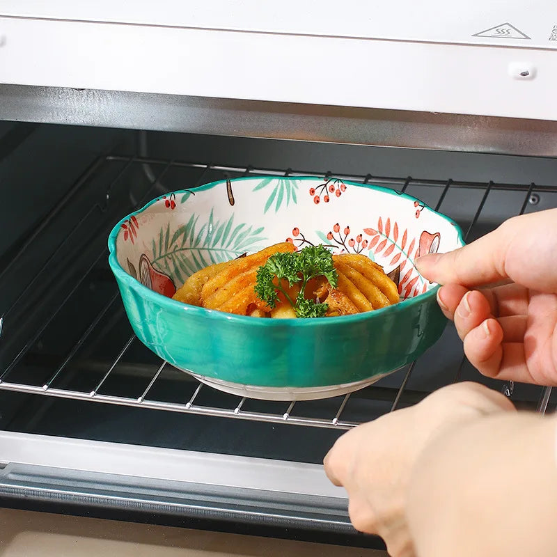 Ceramic Bakeware With Handle Forest Animals Baking Pan  Underglaze  Kitchen Tableware Salad Bowl Au Gratin Dishes