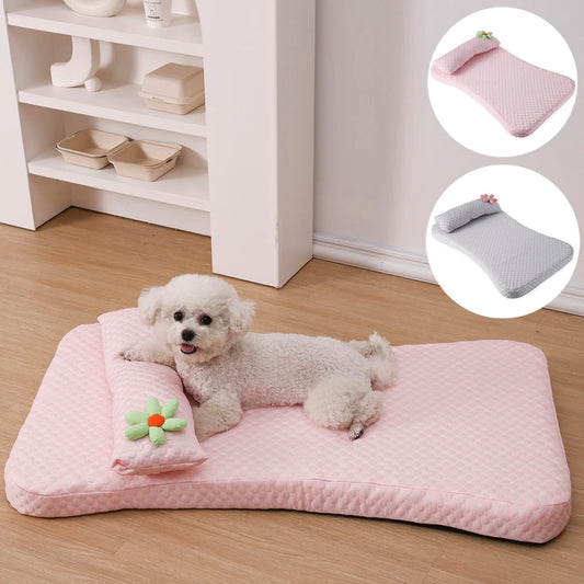 Summer Cooling Pet Bed - Ice Silk Mat with Pillow for Dogs & Cats