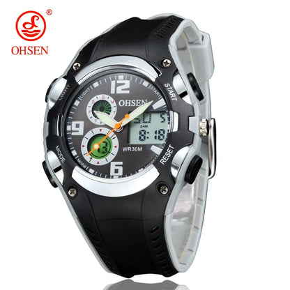 Black digital watch with multiple time zones on a white background, featuring the brand 'OHSEN'.