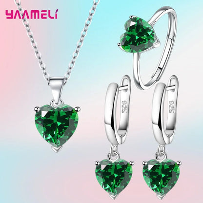 Heart Zircon Jewelry Set – Huggie Earrings, Pendant Necklace & Ring for Women