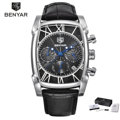 Relogio Masculino Mens Watches Top Luxury Brand BENYAR Chronograph Leather Quartz Watch Men Military Sport Rectangle Wristwatch - BeeTrendyShop.COM