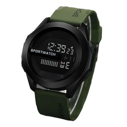 Digital sports watch with green strap on a white background