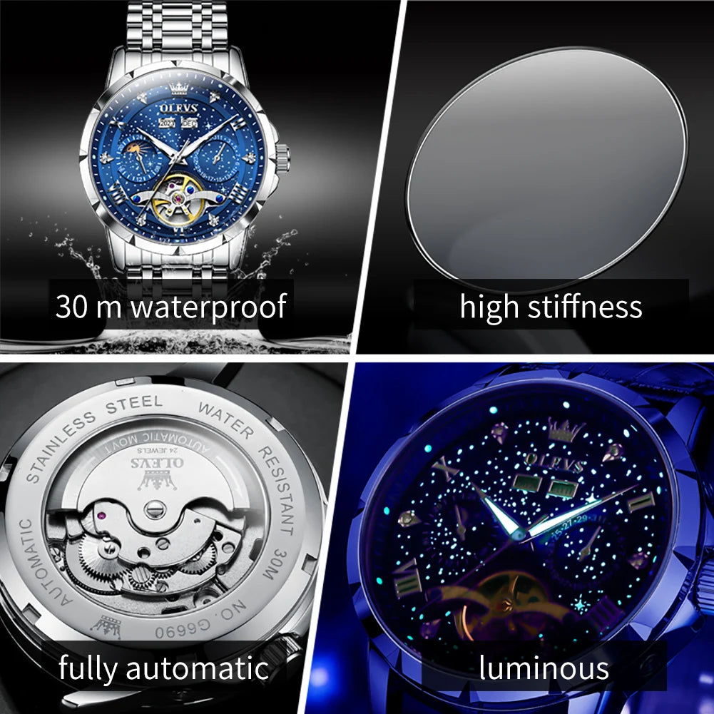 OLEVS 6689 Automatic Watch for Men Starry Sky Tourbillon Design Moon Phase Date Stainless steel Luminous Waterproof Wristwatch
