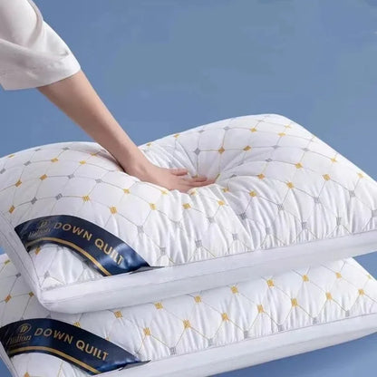 White down quilt with gold and gray patterns on a blue background
