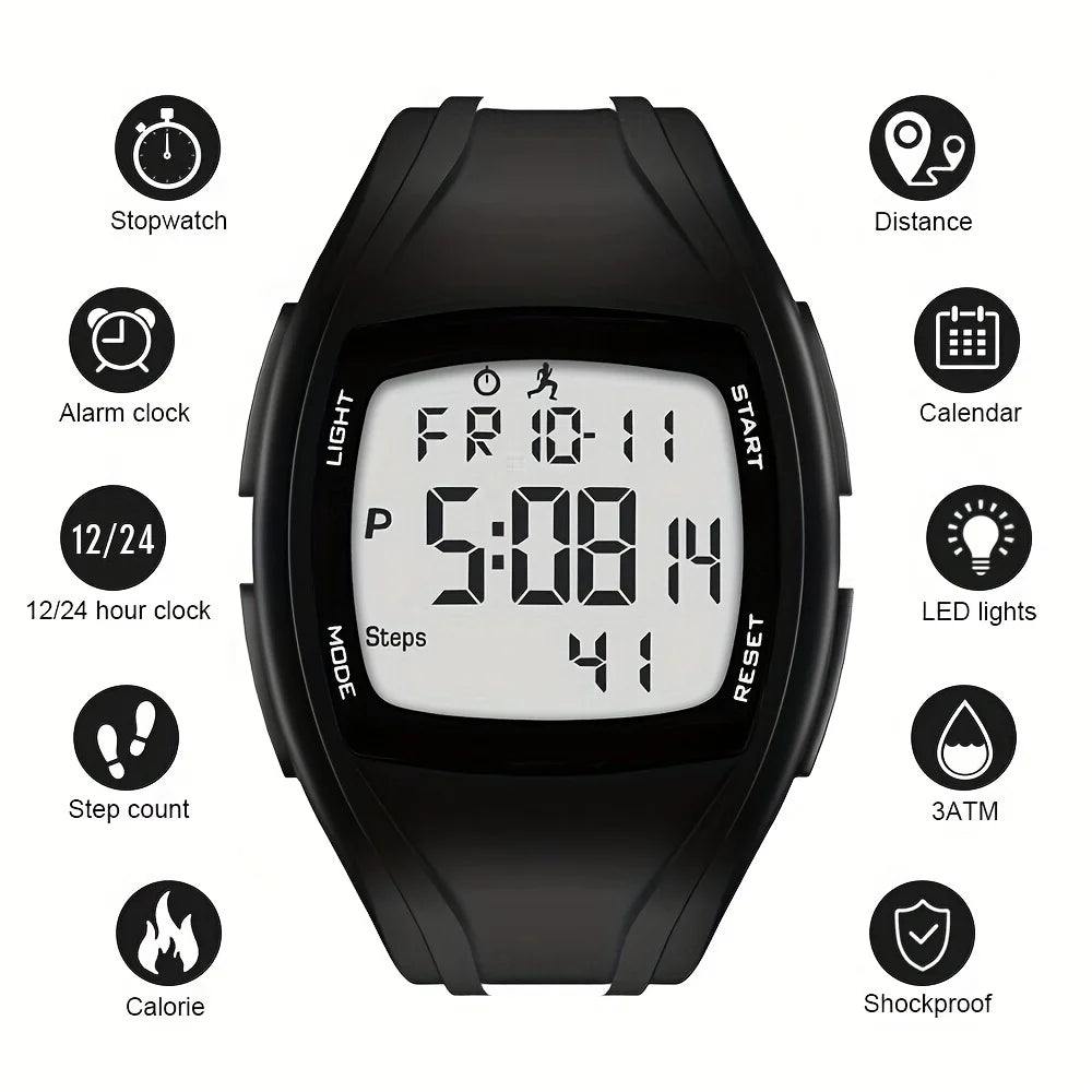 Black digital watch with various functions displayed on a white background