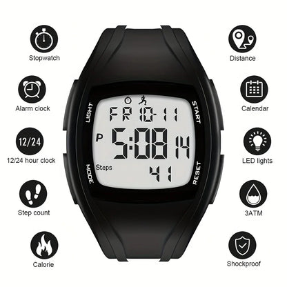 Black digital watch with various functions displayed on a white background