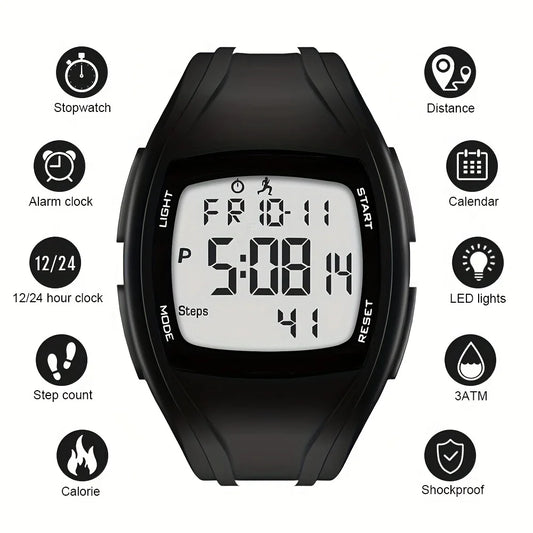 Men's Digital Watch, Outdoors Sports Waterproof Electronic Watches with LED Backlight 5D Pedometer Countdown Stopwatch Stopwatch