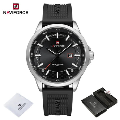 Naviforce watch with black strap and black face, accompanied by a box and paper on a white background.