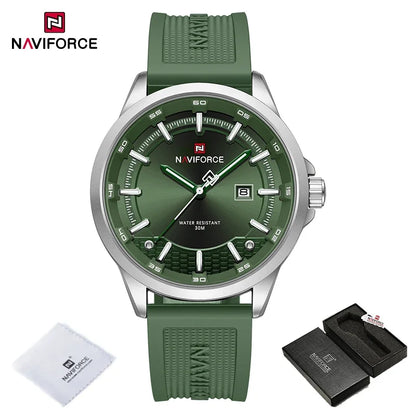 Green Naviforce watch with packaging on a white background