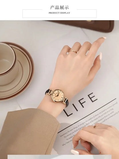 Retro High-end Round Dial Quartz Watches for Women PU Leather Strap Wristwatches Fashion Simple Temperament Girls Watch Gifts - BeeTrendyShop.COM