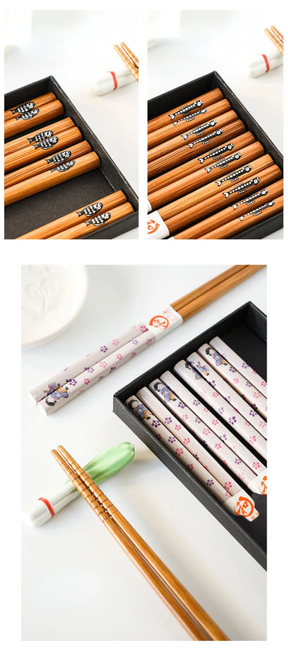 5-Pair Cute Multi-Color Bamboo Chopsticks Set – Non-Slip Household Wooden Tableware