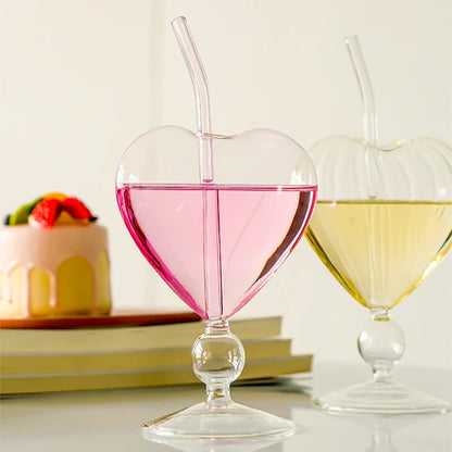 Heart-Shaped Glass Cup with Straw – 220ml Crystal Juice & Wine Glass