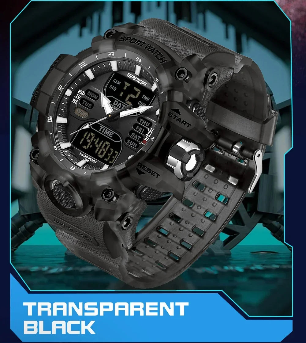 SANDA 6126  Digital Clock Dual Display Men Watches Waterproof Sports Watch Military Man Alarm Stopwatch Quartz Wristwatch Male
