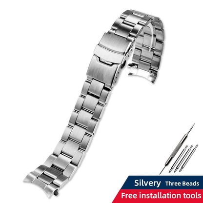 Silver watch strap with installation tools on a white background