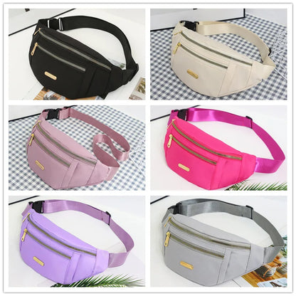 Collage of six waist bags in different colors on a white background.