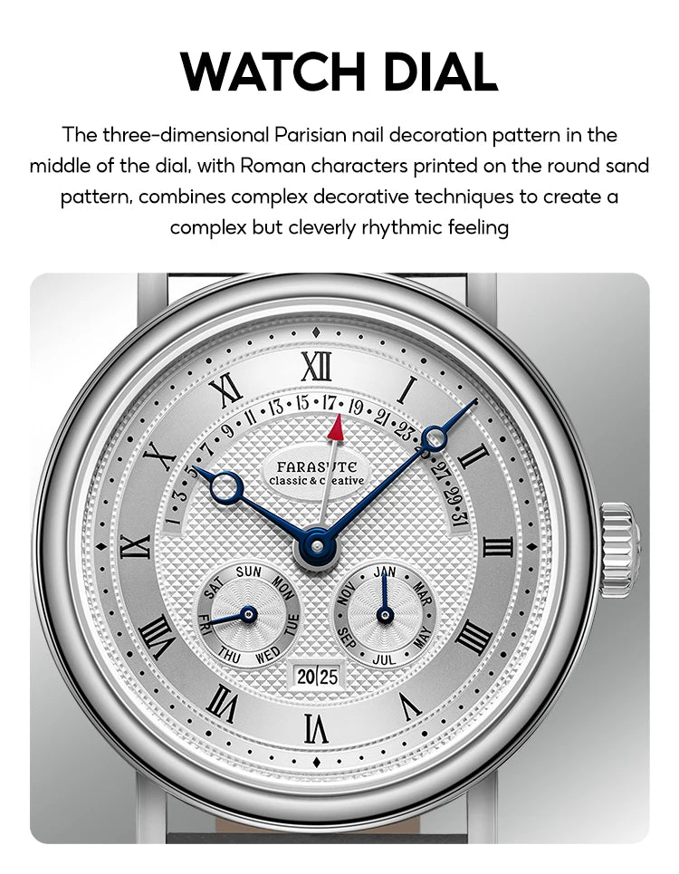 FARASUTE Men's Mechanical Watch Flyback Function Seagull Movement Month Display Week Display Calendar YearDisplay Sapphire Watch