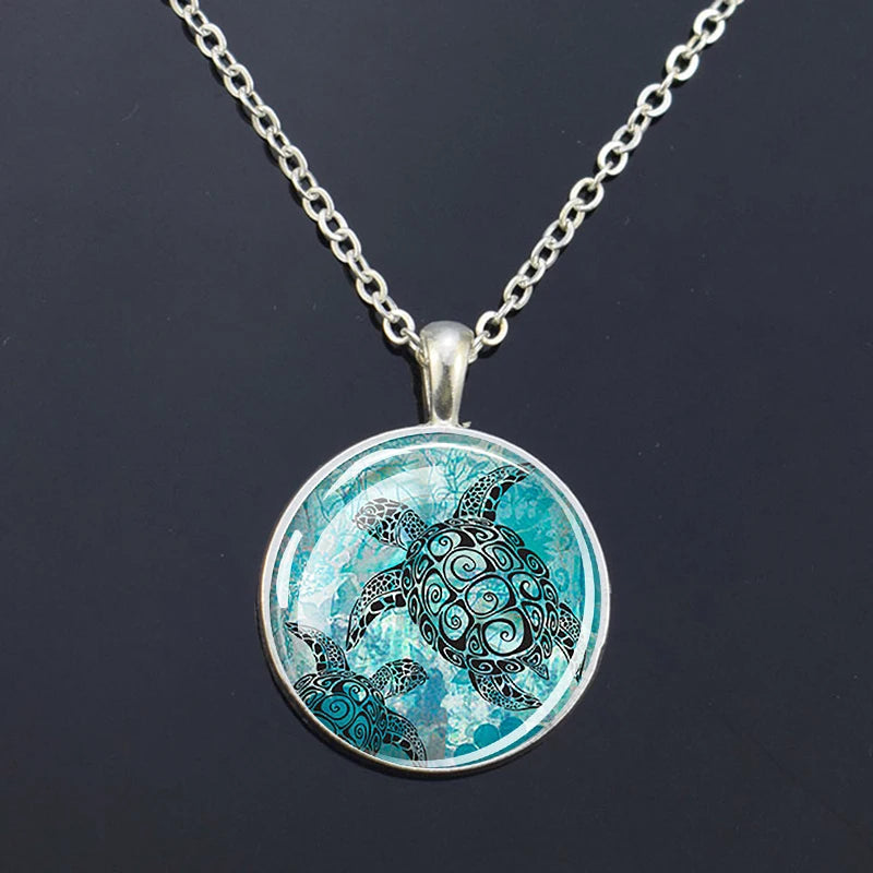 Ocean Marine Animal Glass Dome Pendant Necklace – Sea Turtle, Dolphin & Starfish Long Chain