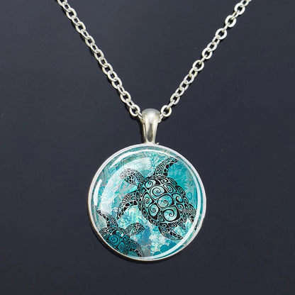 Ocean Marine Animal Glass Dome Pendant Necklace – Sea Turtle, Dolphin & Starfish Long Chain