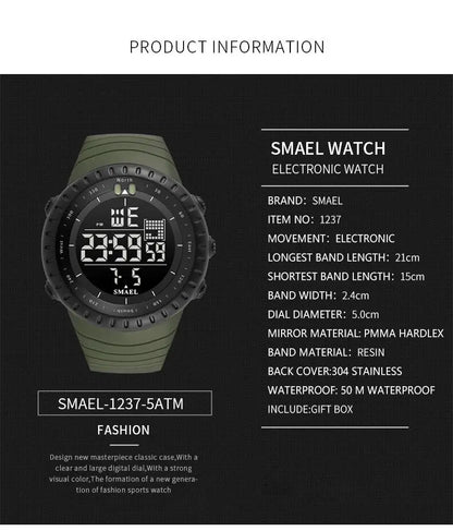 Men's Digital Military Sport Watch – Waterproof, Big Dial, Tactical Black, Stopwatch