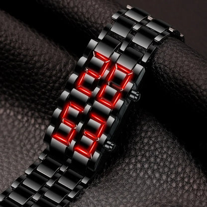 Fashion Mens Digital Lava Wrist Watch Men Black Full Metal Red Blue LED Display Watches Gifts for Male Boy Sport Creative Clock - BeeTrendyShop.COM
