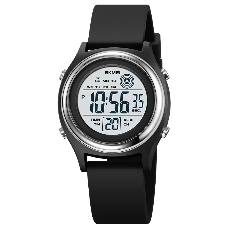 Black digital watch with a white face on a white background
